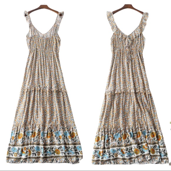 Boho Floral Gypsy Print Cami Maxi Dress Tiered - Picture 11 of 14